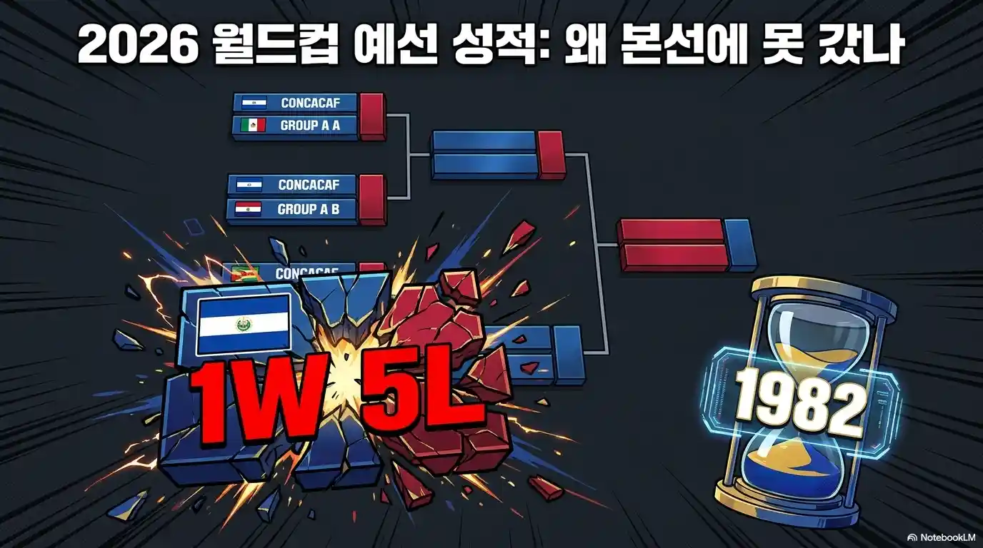 2026 월드컵 예선 성적: 왜 본선에 못 갔나 텍스트와 엘살바도르의 1승 5패(1W 5L) 성적, 대진표, 1982년 월드컵 진출을 나타내는 모래시계 그래픽