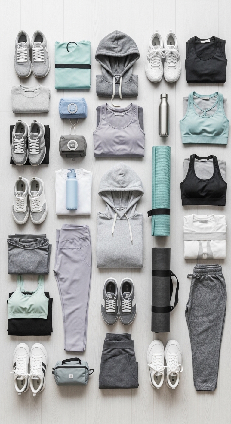 깔끔하게 정리된 다양한 애슬레저 패션 아이템 모음