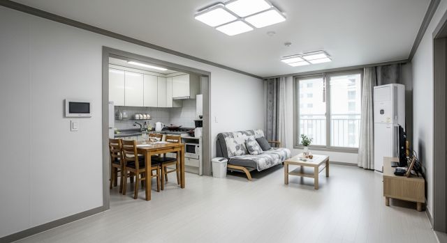 2026년 기준 한국 신혼부부 아파트 리모델링 현실을 반영한 거실과 주방 공간 모습