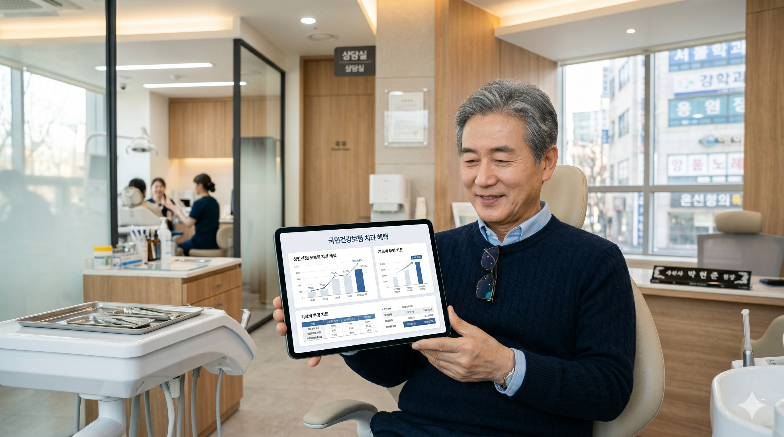 치과 진료실에서 스마트 패드로 2026년 임플란트 건강보험 적용 비율과 비용 조회를 확인하며 미소 짓는 60대 은퇴자 어르신