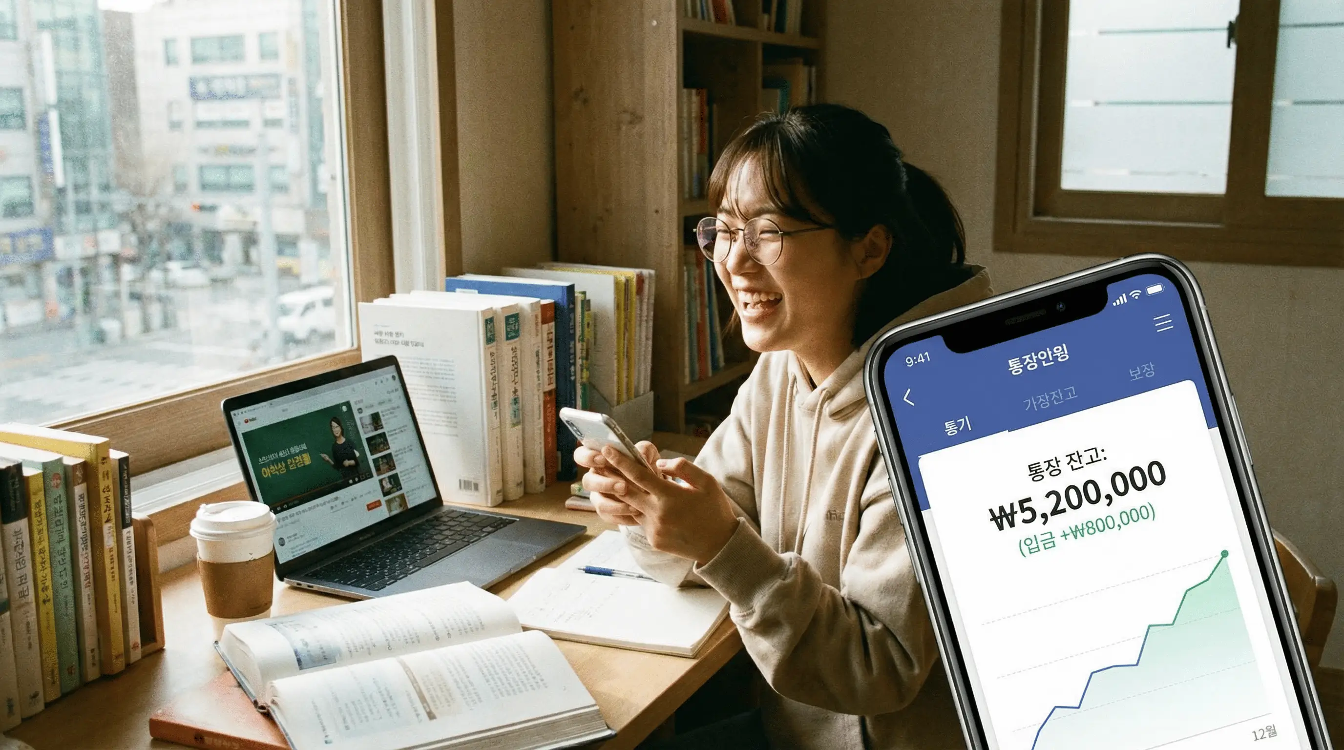 학원비 걱정 없이 공부하며 통장 잔고가 늘어나는 것을 보고 기뻐하는 취업 준비생의 모습