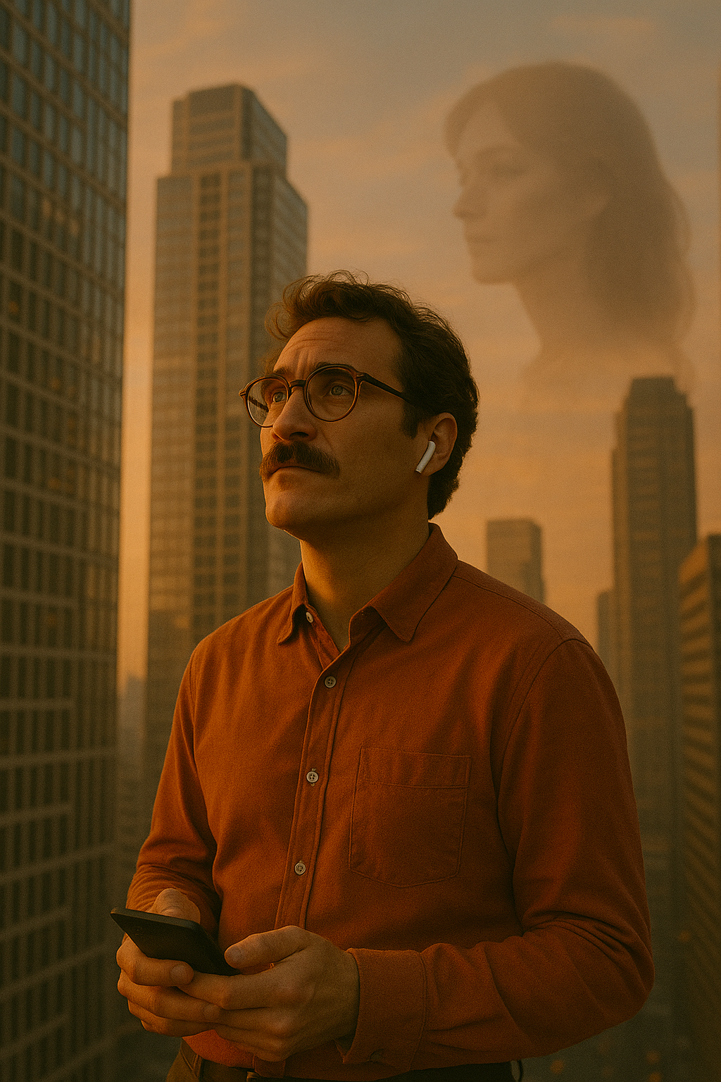 남성이 도시 고층 건물 사이에 서서 하늘을 바라보고 있다. 얼굴에는 외로움과 그리움이 교차하며, 손에는 무선 이어폰이 꽂혀 있는 스마트 기기를 들고 있다. 주변은 따뜻한 석양빛으로 물들어 있고, 배경에는 흐릿한 형태의 가상의 여성 실루엣이 투명하게 떠 있는 이미지
