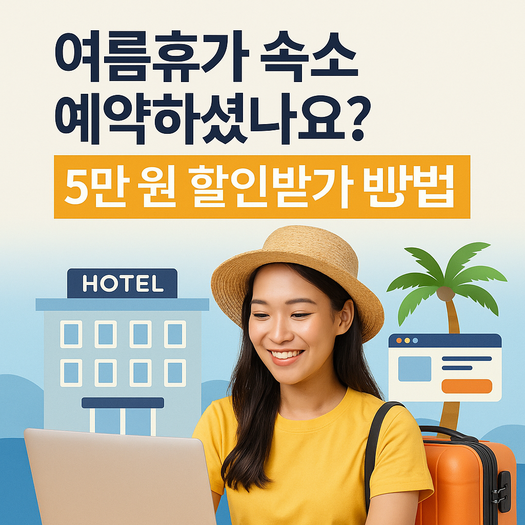 여름휴가 숙소 예약 중인 젊은 여성과 호텔 일러스트, '5만 원 할인받기 방법' 안내 텍스트가 포함된 여행 할인 프로모션 이미지