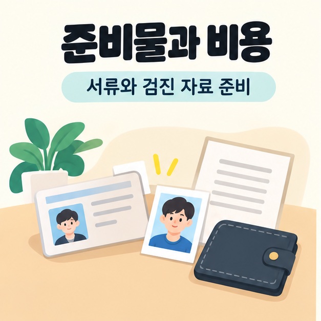 면허증과 사진 및 신청서 등 적성검사 준비물을 챙기는 일러스트