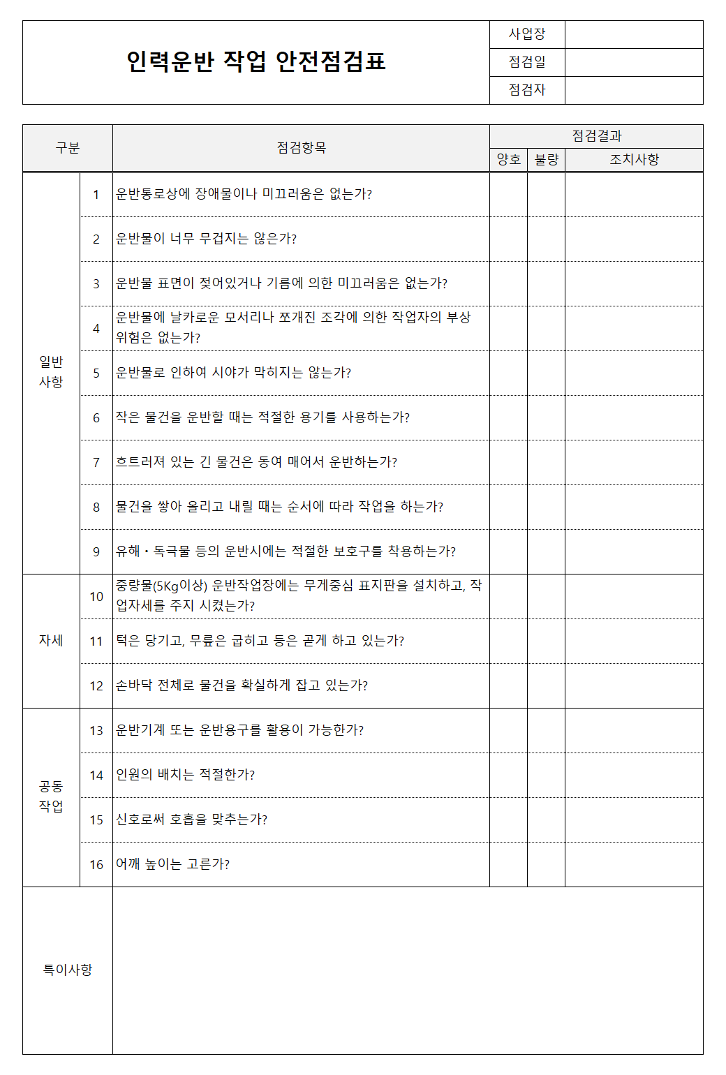 인력운반 작업 안전점검표