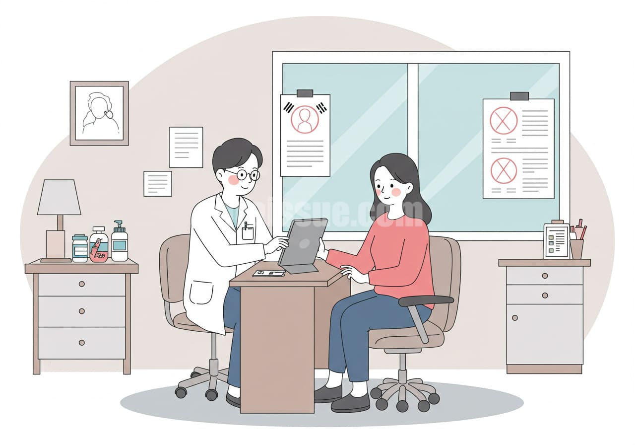 한국 중년 여성이 병원에서 의료진과 함께 태블릿을 통해 암검진 결과를 확인하고 해석하는 장면. 진료실 배경에는 책상, 의료 차트, 상담 자료 등이 가득 채워져 있으며, 검진 이후 관리까지 연결된 체계적인 의료 과정을 표현한 이미지.