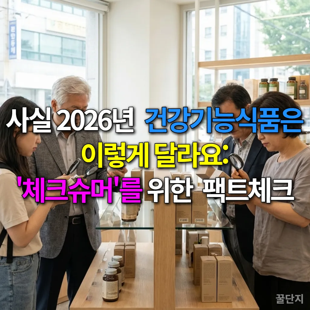 다양한 연령대의 한국인들이 건강기능식품 라벨을 꼼꼼히 확인하며 제품을 고르는 모습