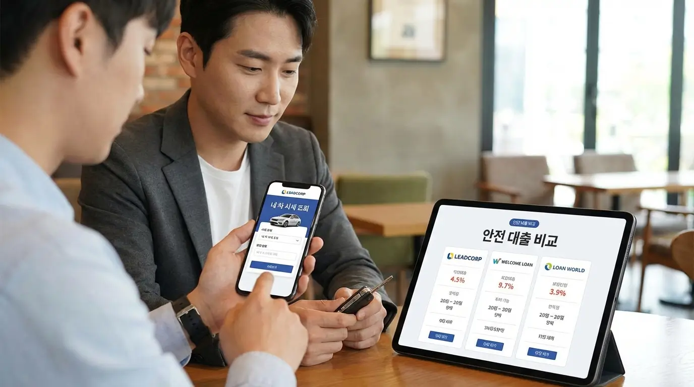 리드코프 등 대형 대부업체와 대부 중개 플랫폼을 통해 내 차의 가치를 확인하고 안전하게 대출을 비교하는 모습