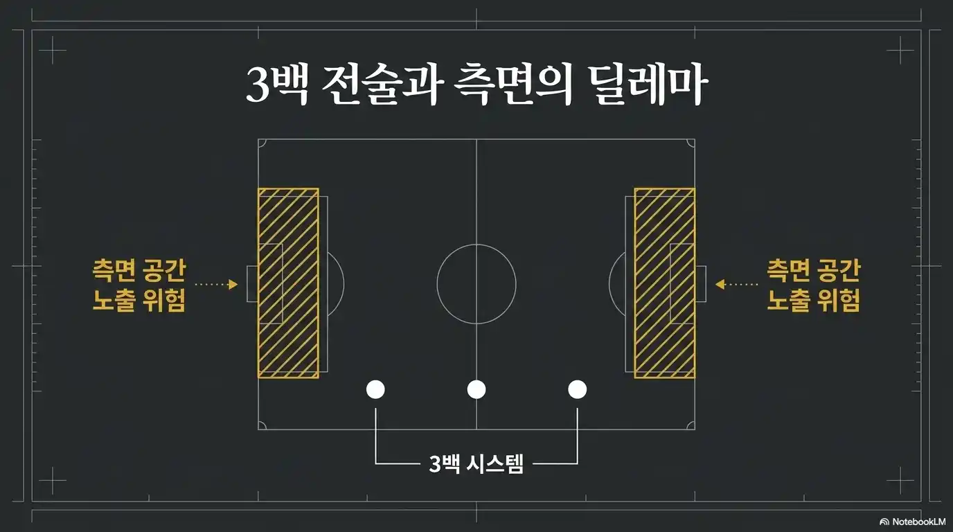 축구장 전술도. 3백 시스템 사용 시 좌우 측면 공간이 노출될 위험이 있음을 표시