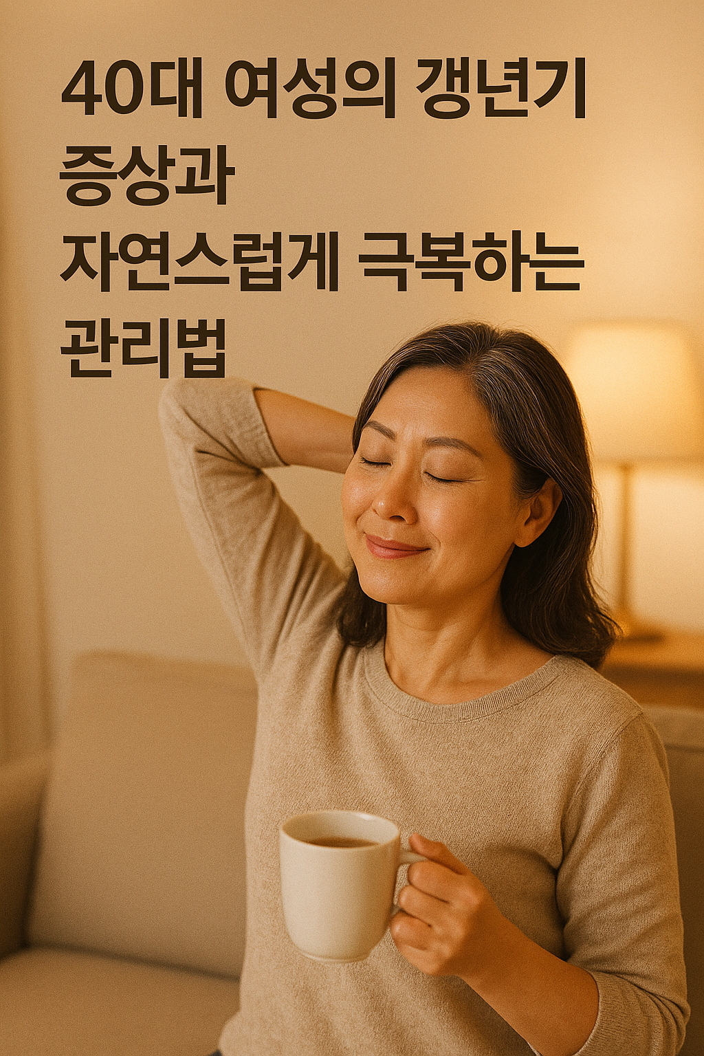 따뜻한 조명 아래에서 스트레칭하거나 티 한잔을 마시며 평온하게 시간을 보내는 40대 여성