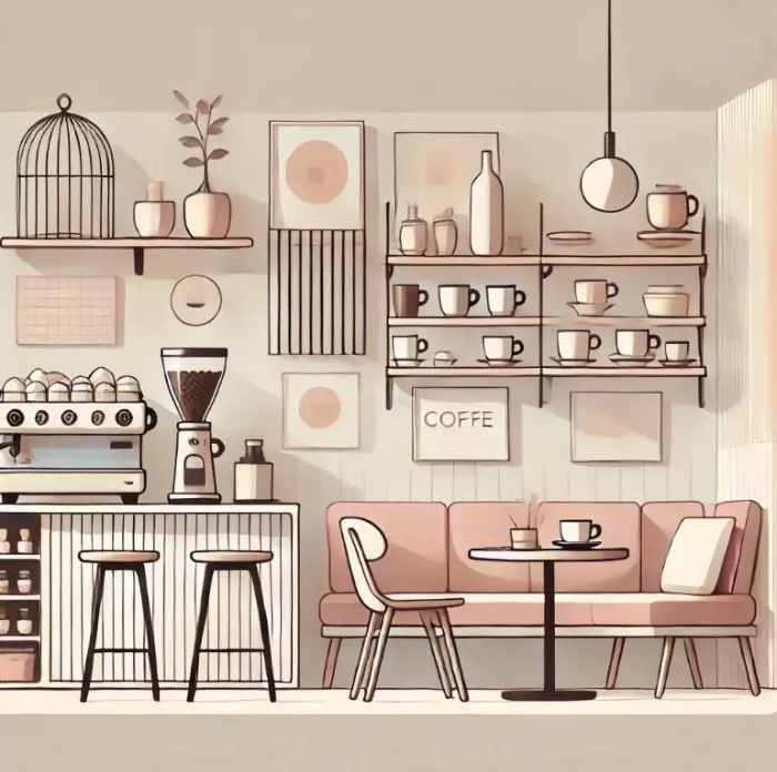 에스프레소 머신이 있는 작은 커피 바, 커피잔과 원두가 놓인 선반, 테이블과 의자가 있는 아늑한 휴식 공간, 부드러운 조명이 어우러진 홈카페 인테리어의 간단한 삽화. 따뜻한 파스텔 톤과 깔끔한 선으로 집에서 즐길 수 있는 편안하고 초대받는 분위기를 연출