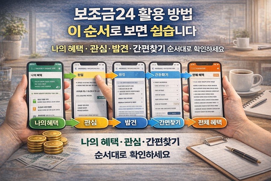 보조금24에서 나의 혜택과 발견, 간편찾기, 전체 혜택 메뉴를 순서대로 활용하는 방법을 설명하는 이미지