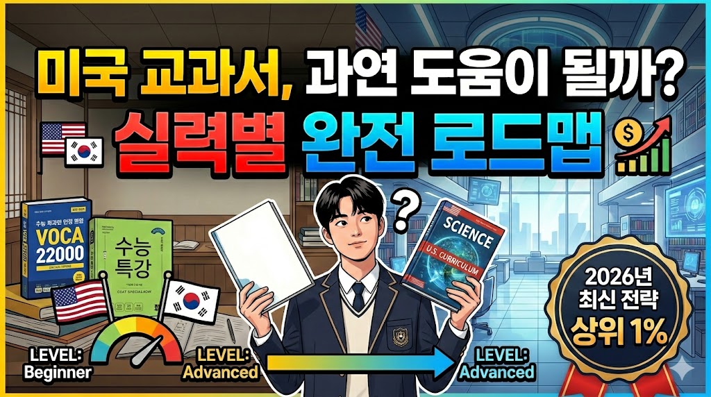 미국 과학 교과서와 한국 영어 교재를 양손에 든 학생의 모습과 함께, '미국 교과서, 과연 도움이 될까?'라는 문구 및 실력별 로드맵을 강조하여 학습 전략을 제시하는 티스토리 블로그 썸네일