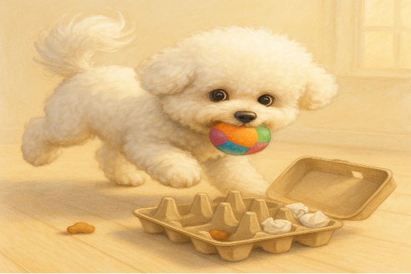 노즈워크 놀이 후 스트레스가 풀린듯 실내에서 비숑이 장난감을 물고 방방 뛰며 활기차게 노는 모습.