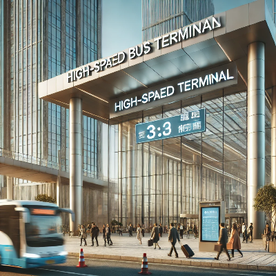 현대적이고 깔끔한 고속버스 터미널 외관. 터미널 간판과 입구, 여행객들이 보이는 모습.