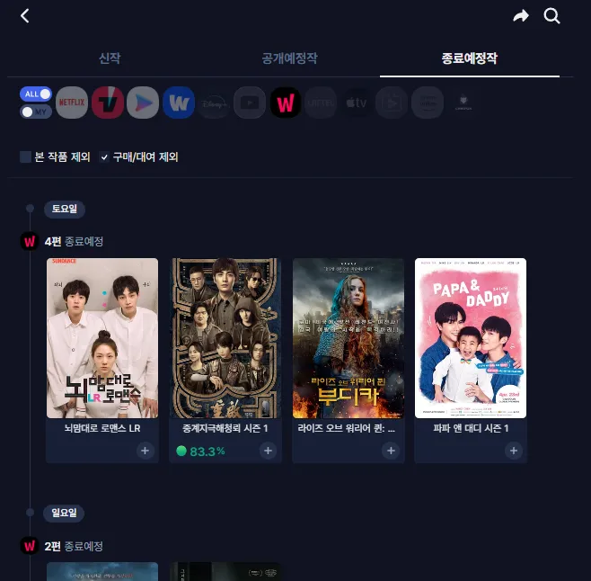 키노라이츠 OTT 종료예정작 왓챠