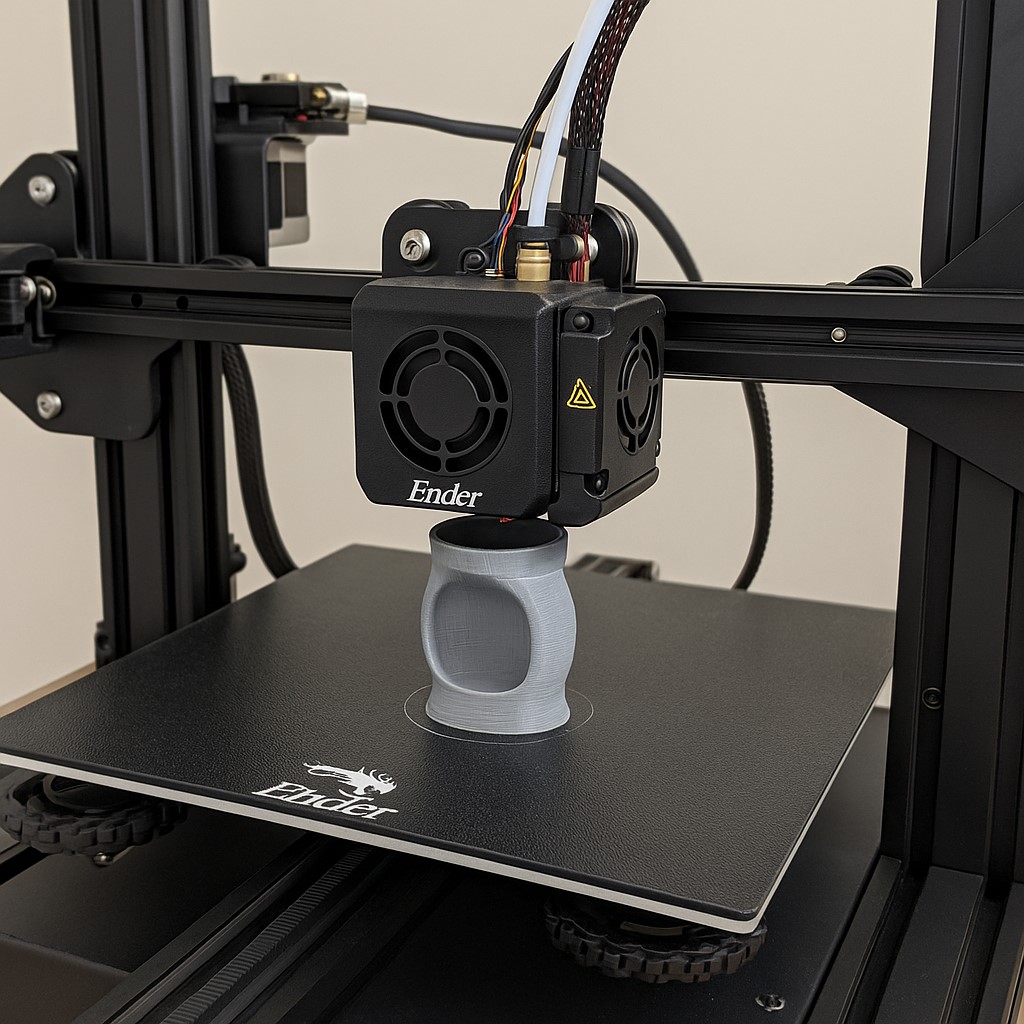 Ender-3 프린터가 출력 중인 장면 클로즈업 이미지