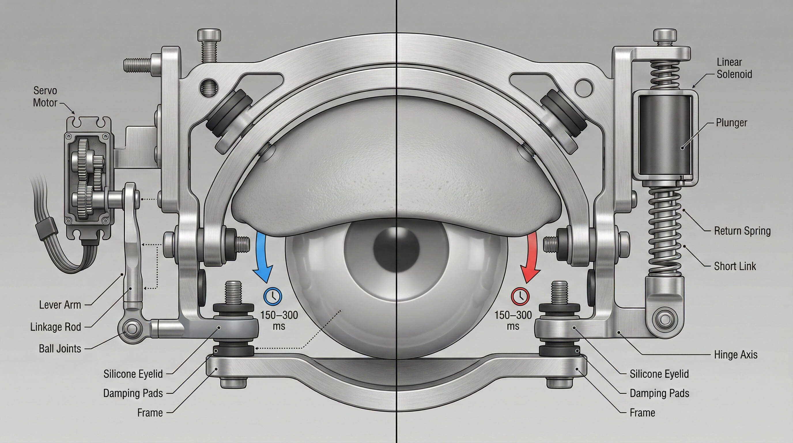 휴머노이드 얼굴의 눈꺼풀 모듈 설계 가이드: 서보·솔레노이드 1축 제어와 150~300ms 깜빡임