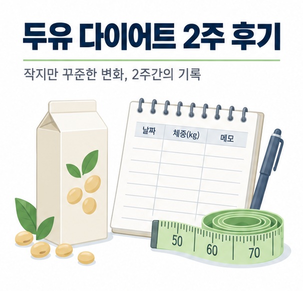두유 한 팩과 체중 기록 노트를 배경으로 두유 다이어트 2주 후기라는 글자가 중앙에 놓인 교육용 건강 인포그래픽