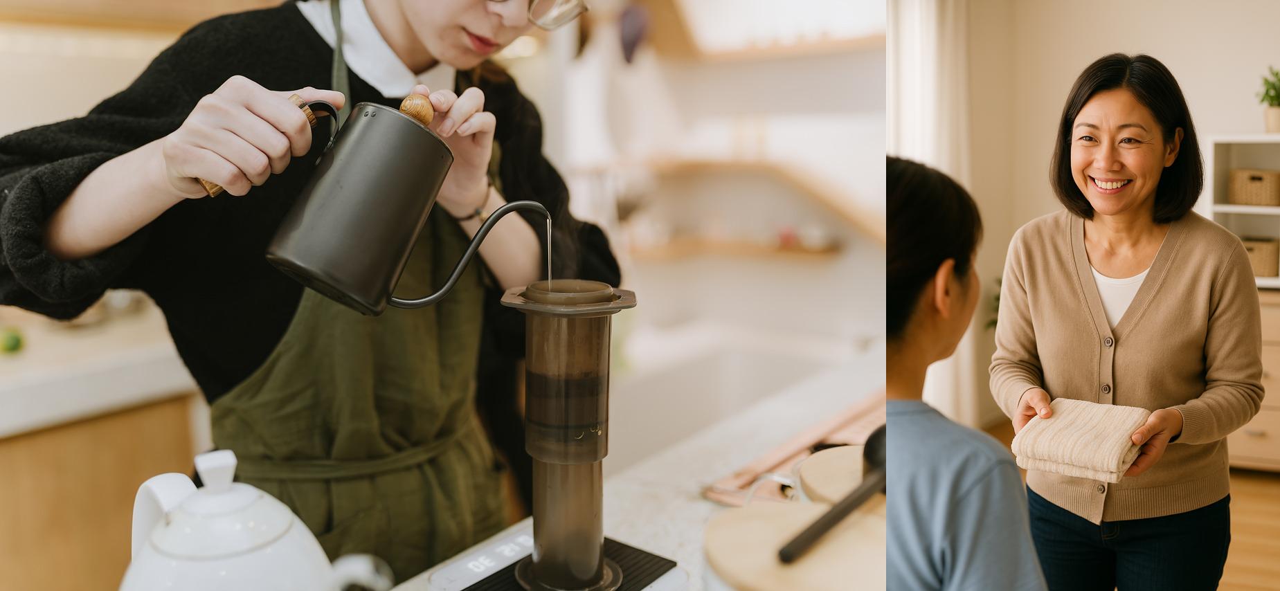 커피를 내리는 바리스타와 정돈된 수건을 들고 미소 짓는 정리수납전문가의 모습을 담은 사진으로, 50대 여성에게 추천되는 실무 중심 자격증 직업을 표현한 이미지