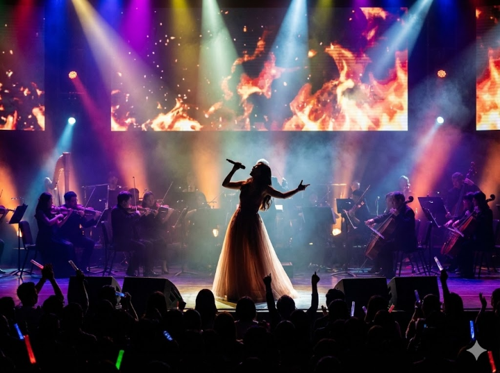 화려한 조명 아래 오케스트라와 협연하며 열창하는 현역 가수의 실루엣