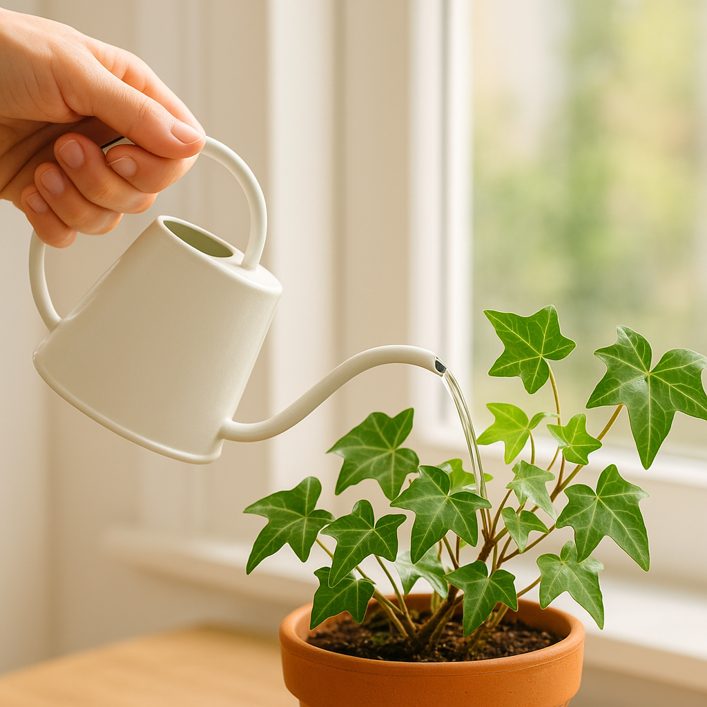 작은 아이비 식물 화분에 물을 주고 있다.