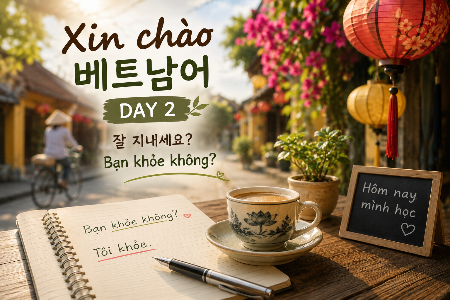 베트남 호이안의 따뜻한 골목길 카페 풍경. 커피잔과 노트 위에 베트남어 회화 문장이 적혀 있고, 자전거를 타는 사람이 지나가는 아침 거리의 모습.