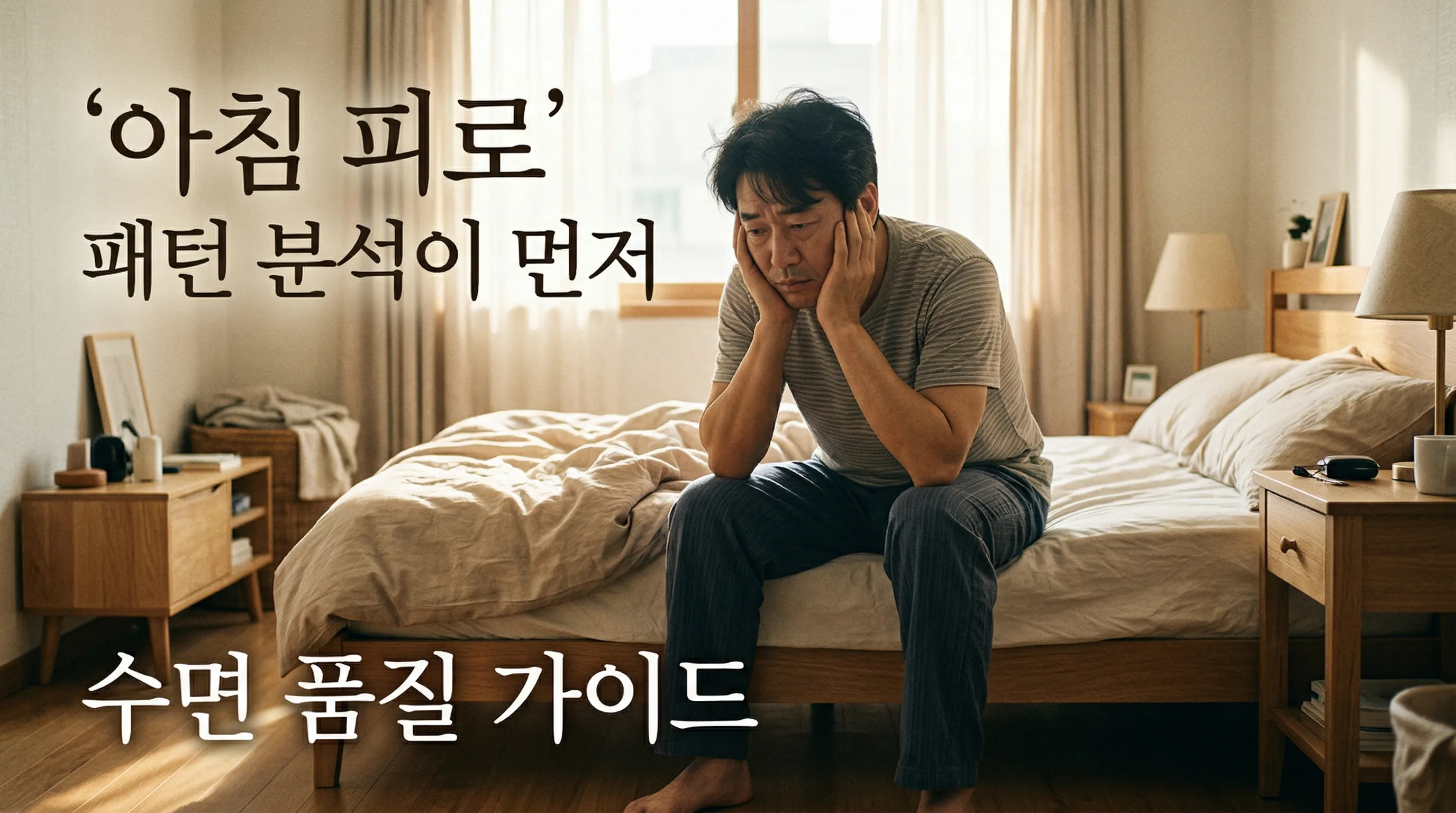 침대에서 무거운 몸으로 앉아 있는 중년