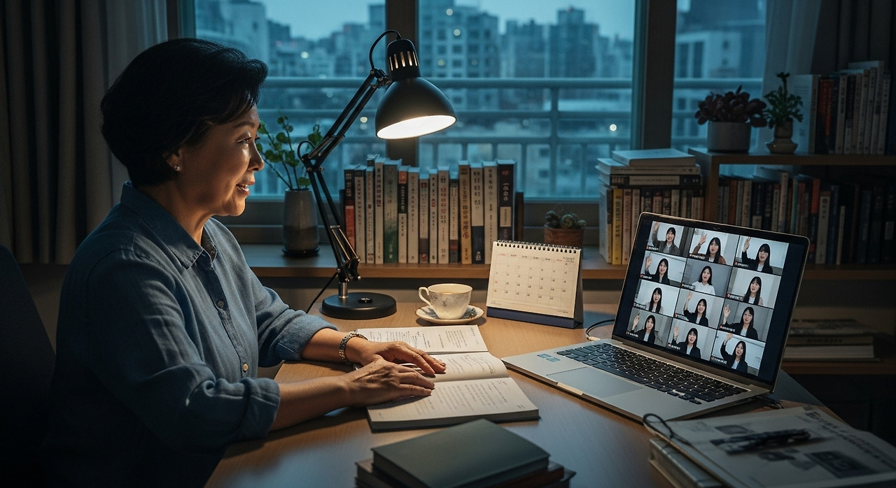 은퇴한 한국 시니어가 노트북과 수첩을 앞에 두고 온라인으로 대학생 여러 명과 연결된 화면을 바라보는 장면