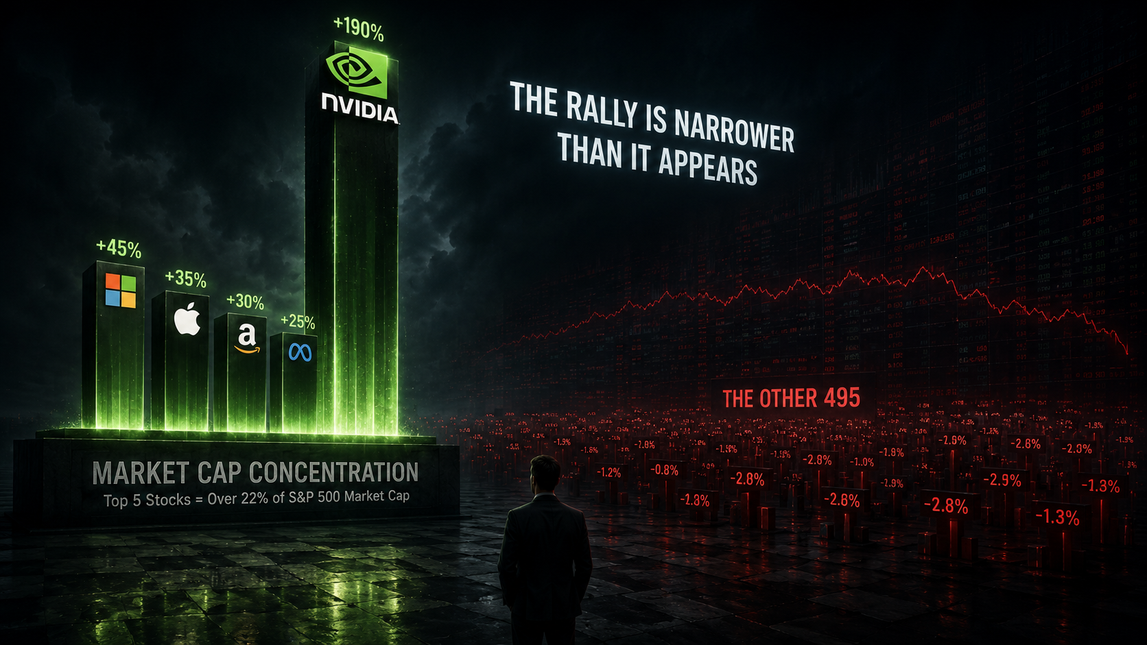 Cinematic visualization of concentrated AI stock market leadership led by Nvidia.