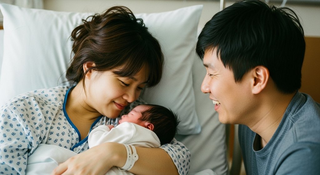 아기를 보며 행복해 하는 부부