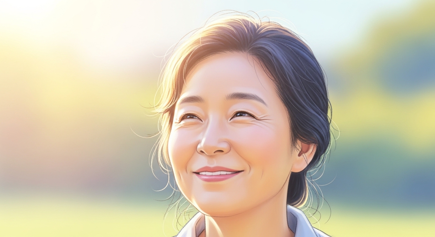 아침 햇살 속에서 안정된 표정으로 하루를 시작하는 50대