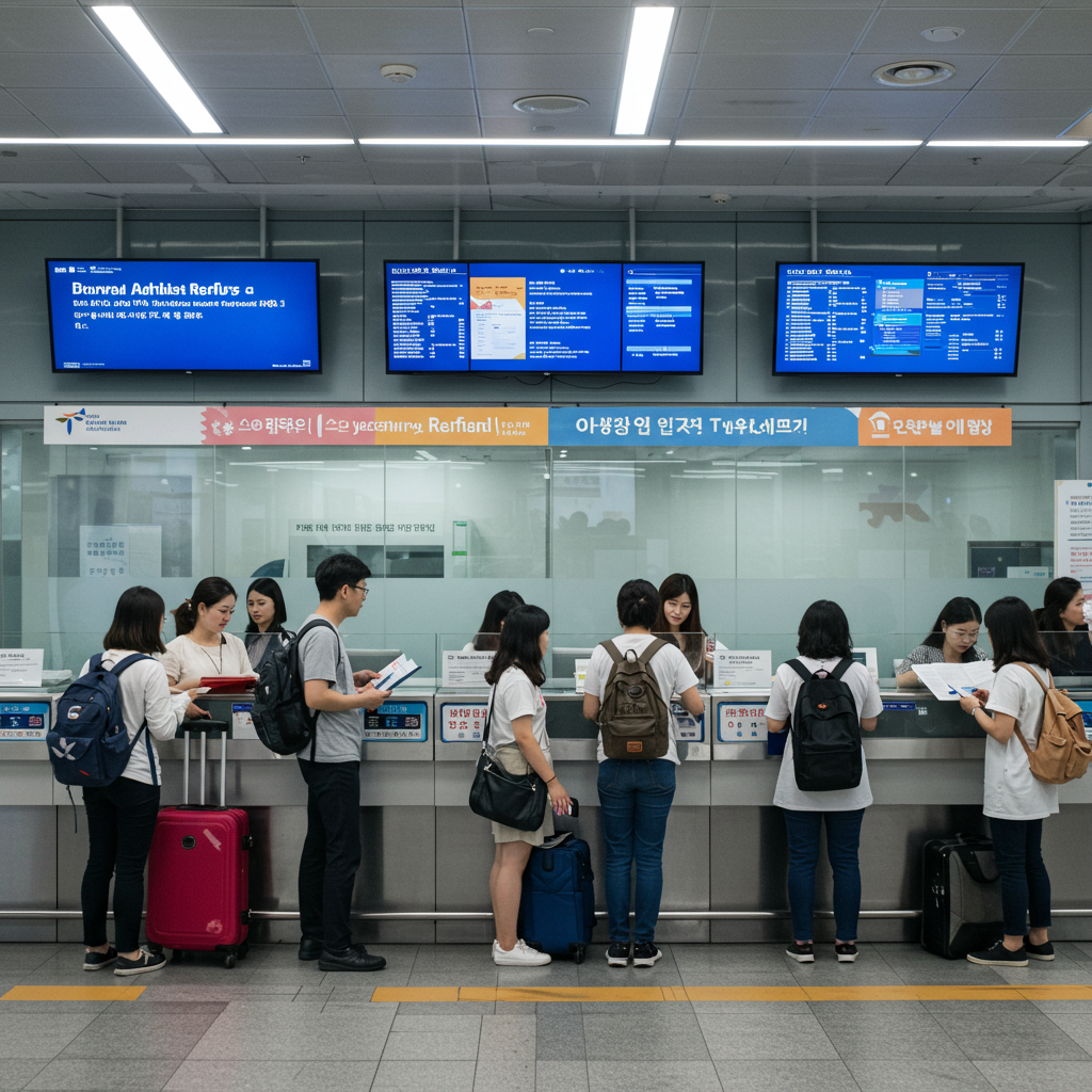고속버스터미널에서 사람들이 버스표 환불 및 취소를 상담받는 실제 모습
