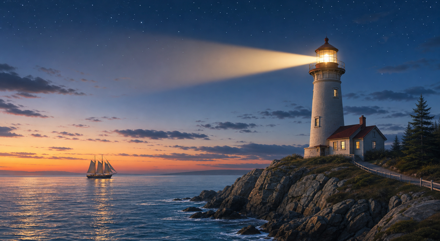 Educational illustration of a lighthouse guiding a ship near a rocky coast