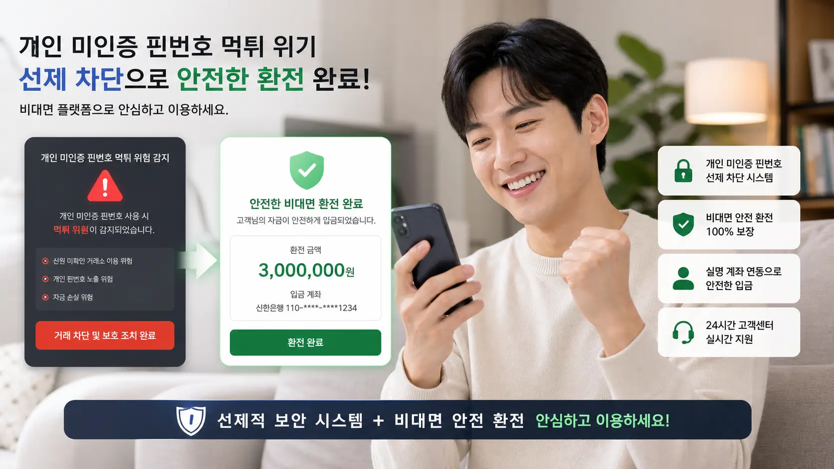 개인 미인증 핀번호 먹튀 위기를 선제적으로 차단하고 비대면 플랫폼으로 안전한 환전을 확보하여 안도하는 사용자의 모습