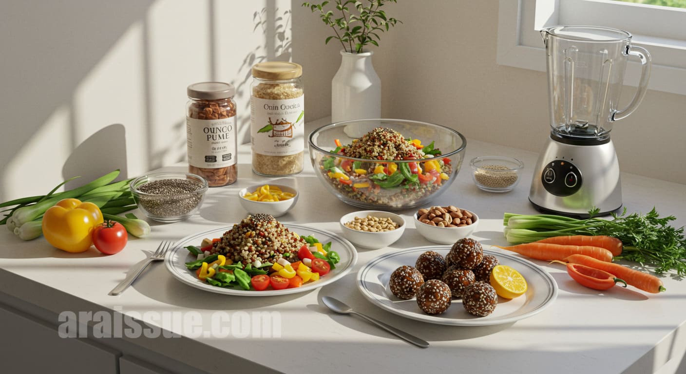 퀴노아 샐러드와 치아씨드 에너지볼을 담은 실제 레시피 장면