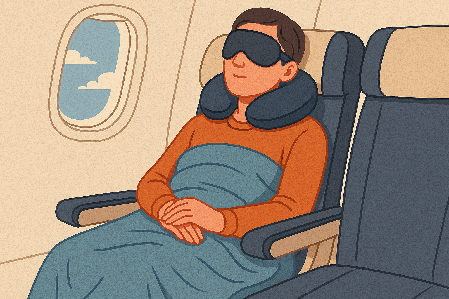 비행기 이코노미석에서 숙면을 준비하는 승객의 모습을 담은 이미지