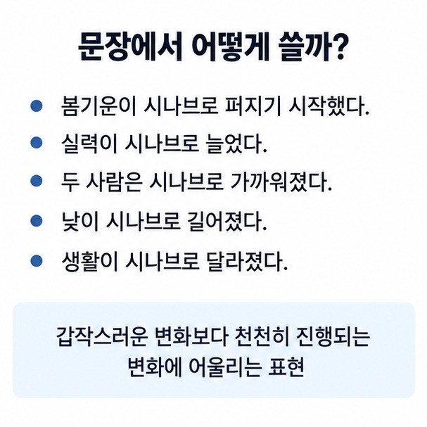 봄기운 실력 관계 낮 길이 긴장 생활이 시나브로 변하는 예문을 정리한 우리말 학습 인포그래픽
