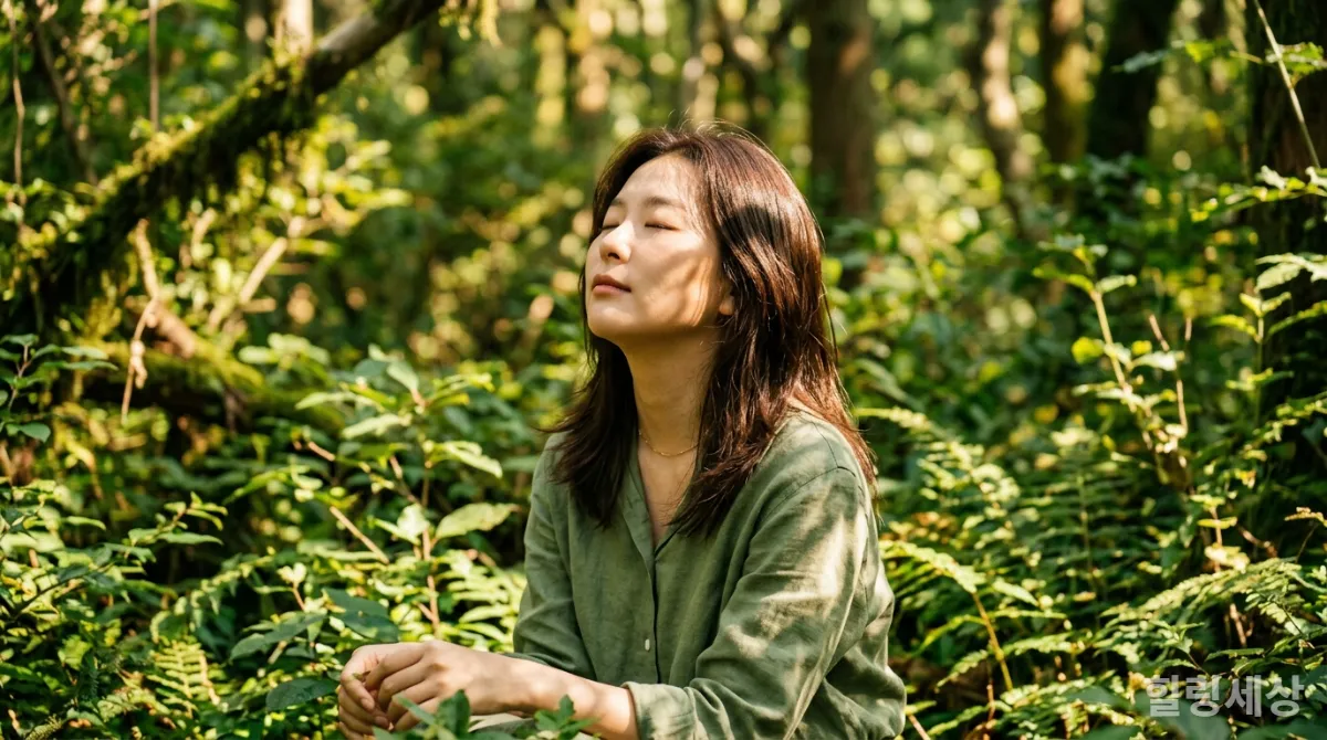 숲 속에서 명상하며 힐링하는 여성의 모습