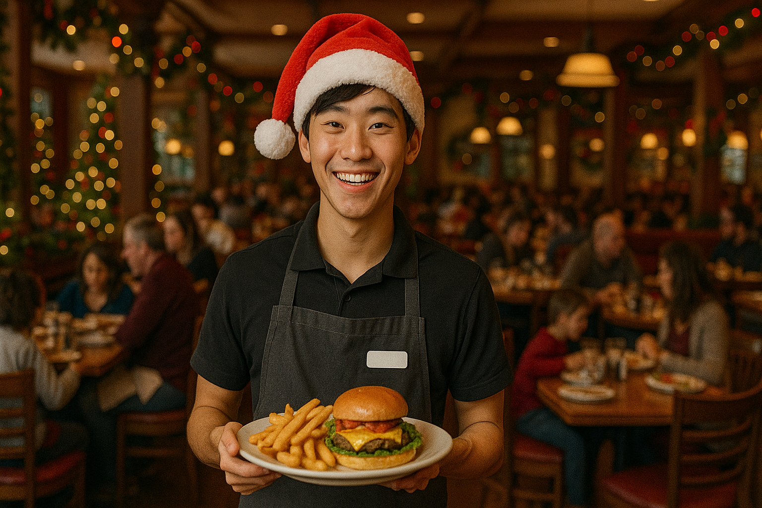 크리스마스 시즌에 레스토랑에서 서빙 아르바이트를 하는 학생