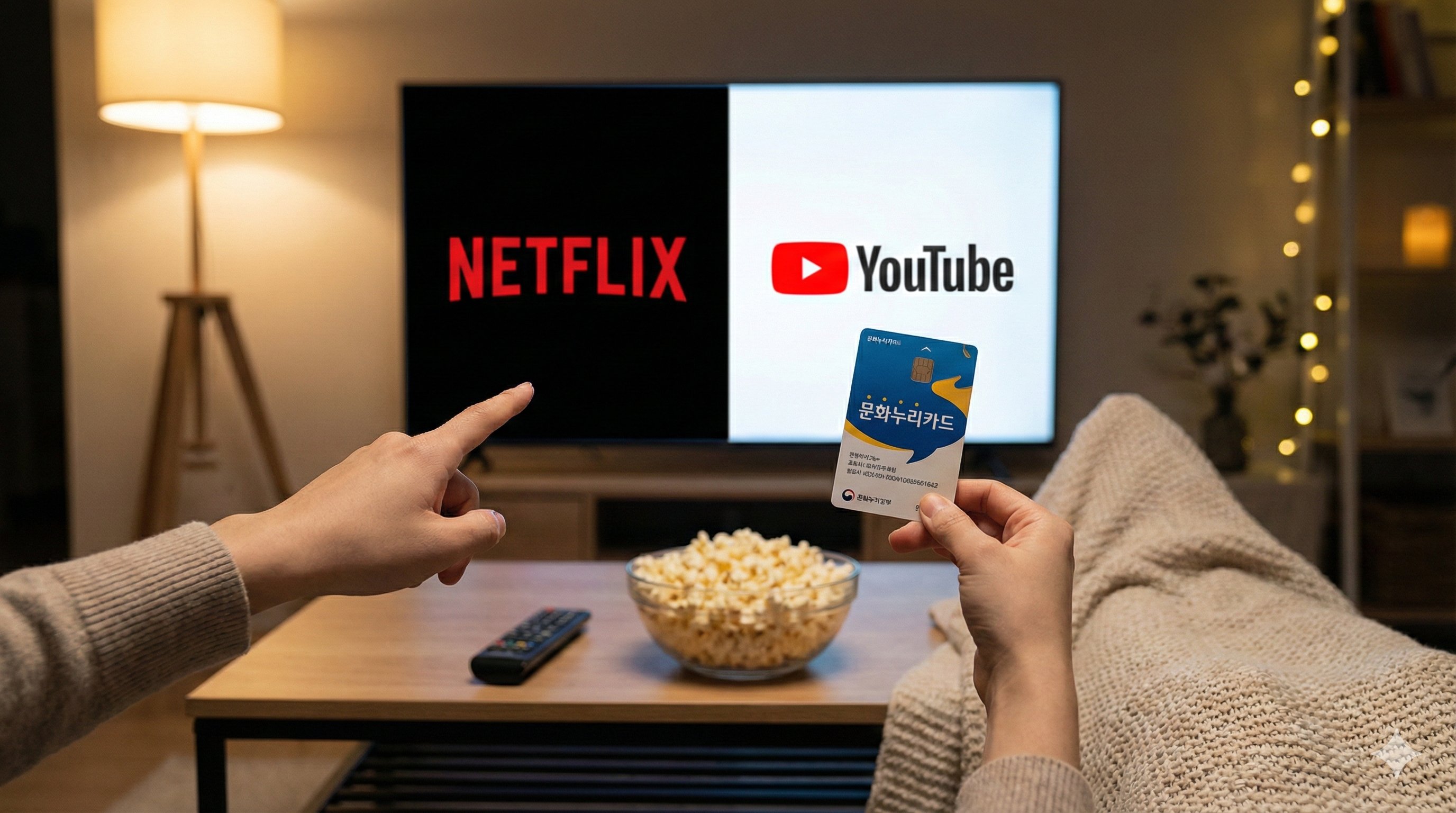 스마트 TV 화면에 넷플릭스와 유튜브 로고가 떠 있고, 손에 든 문화누리카드로 화면을 가리키며 결제하려는 모습. 거실 소파에는 팝콘이 놓여 있어 편안한 분위기 연출