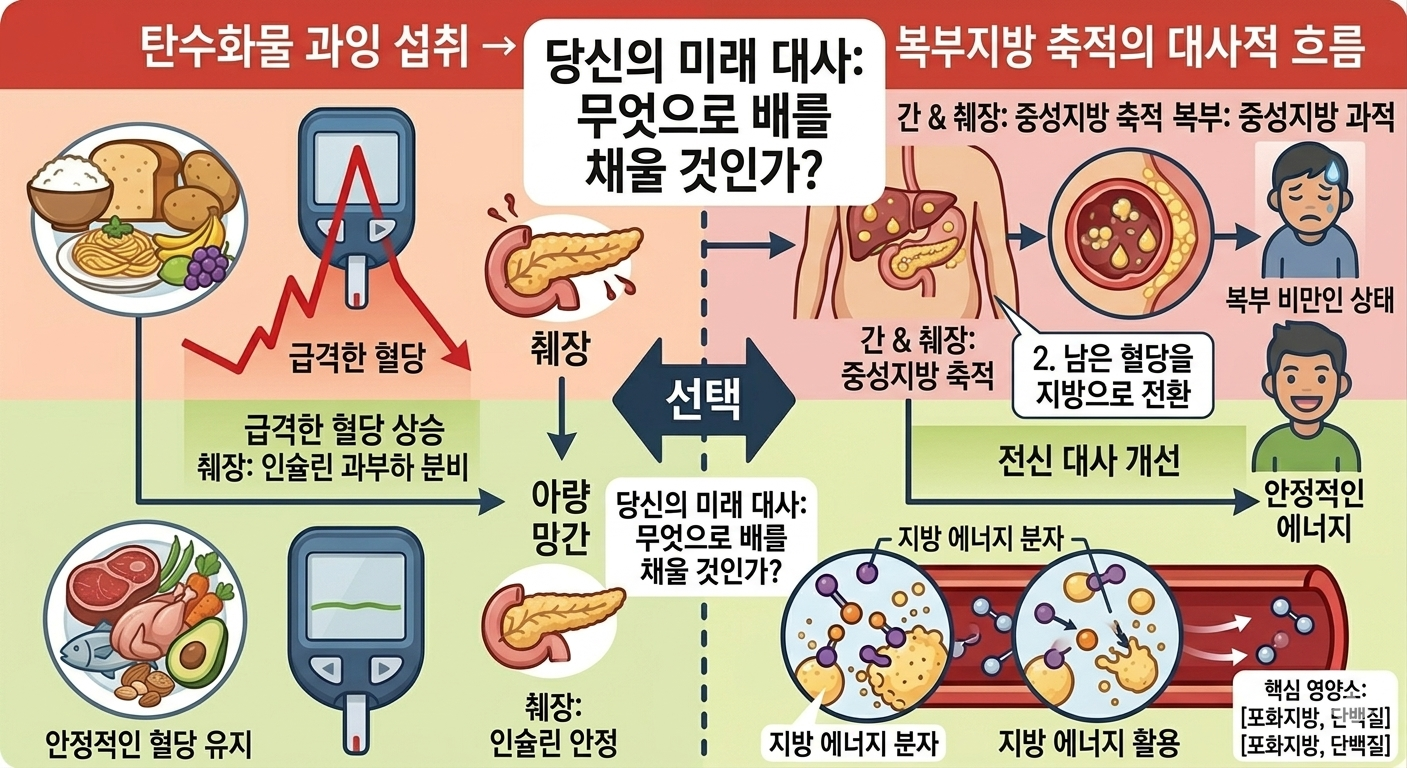 탄수화물 과잉섭취하여 간,췌장, 복부에 중성지방이 축적된 그림과 고기 생선을 섭취할때 안정적인 지방대사로 안정적인 에너지를 얻는 그림을 비교한 인포 그래픽