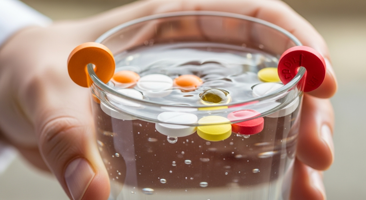 물 한 잔과 함께 다양한 색깔의 비타민 알약을 규칙적으로 섭취하는 모습. 영양제 복용의 중요성을 상징합니다.