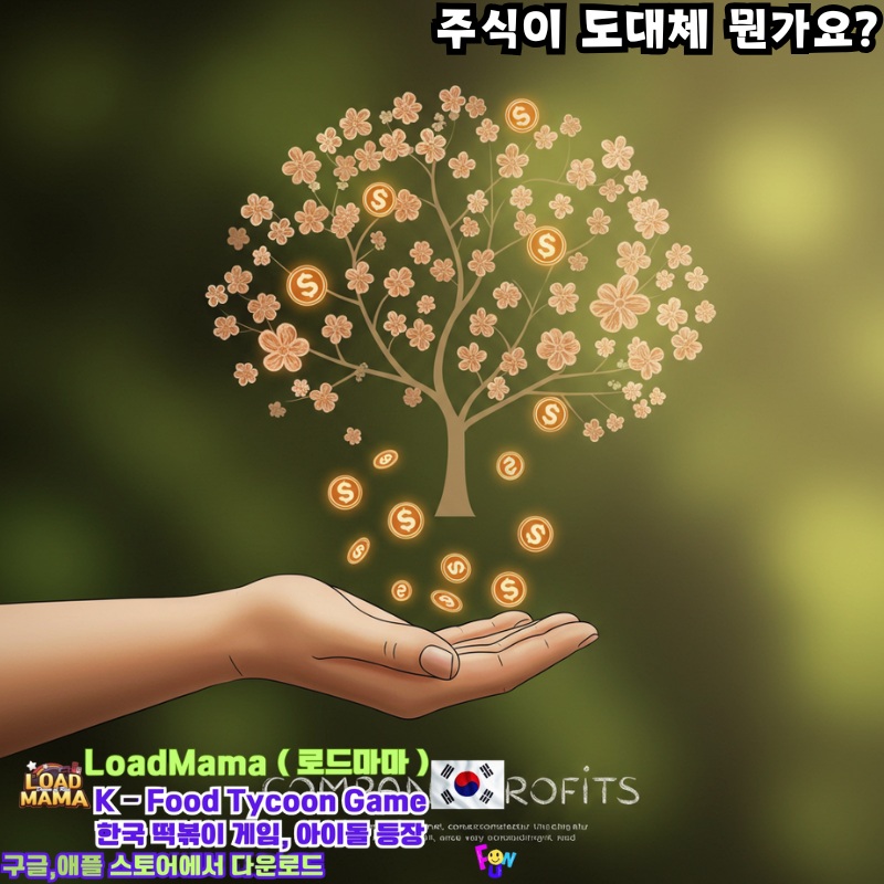 회사 이익이라고 적힌 꽃이 만발한 양식화된 나무에서 부드럽게 떨어지는 작고 빛나는 동전(배당금을 나타냄)을 나타냄