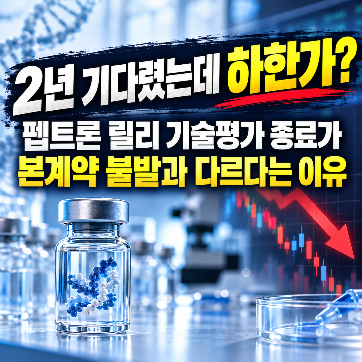펩트론 릴리 기술평가 종료와 본계약 불발의 차이를 설명하는 경제 뉴스 이미지로, 하한가를 상징하는 주가 하락 그래프와 바이오 연구시설을 표현한 인포그래픽.