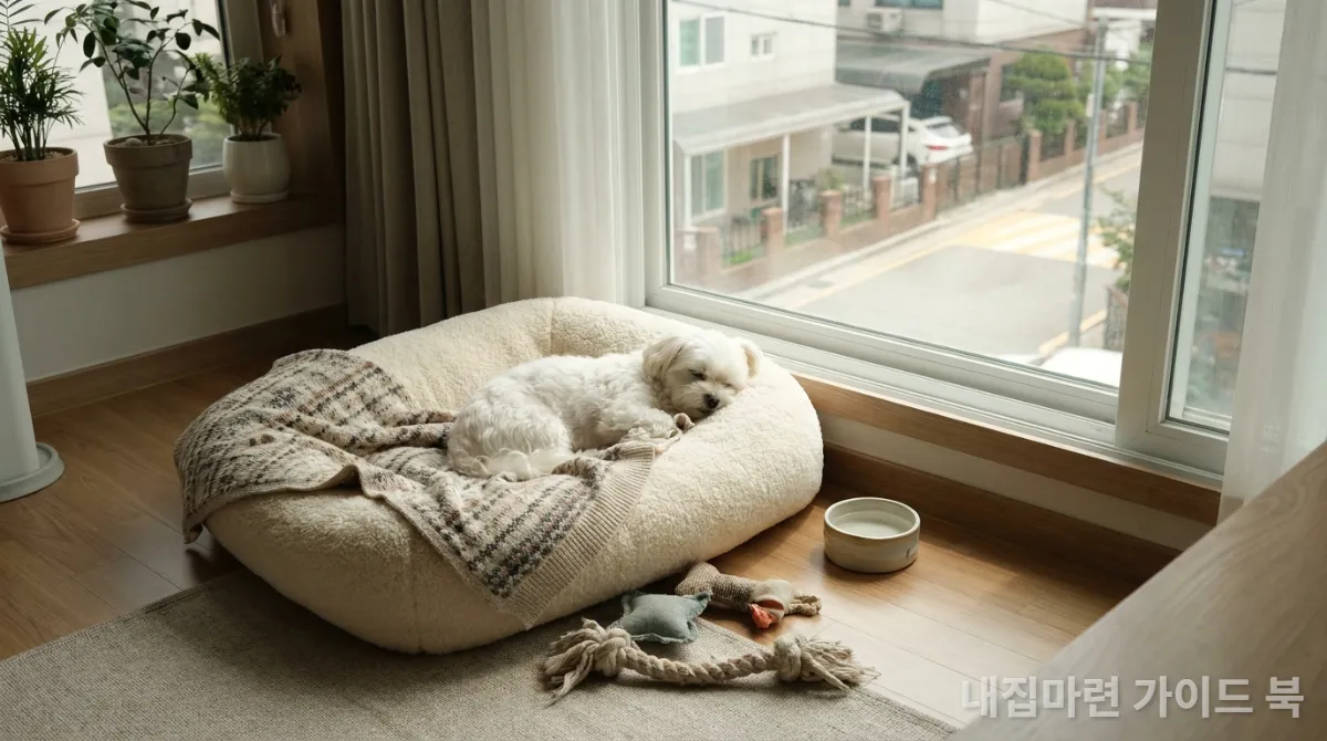 한국 아파트의 아늑한 구석에 마련된 반려견 전용 휴식 공간