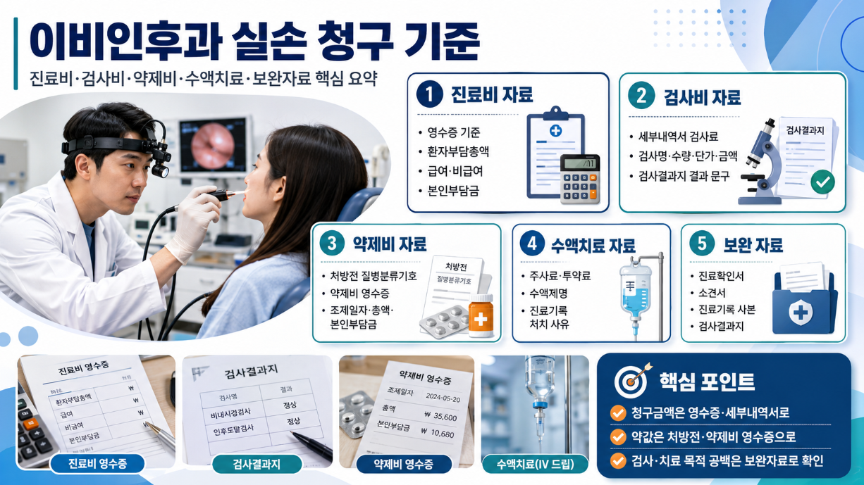 이비인후과 실손 청구 기준을 진료비, 검사비, 약제비, 수액치료, 보완자료로 정리한 요약