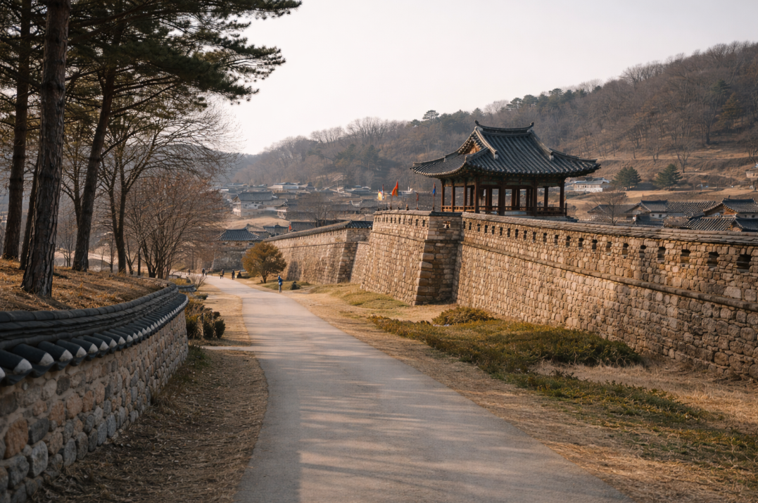 당진 면천읍성의 성벽과 길, 차분한 읍성 주변 분위기가 함께 보이는 모습