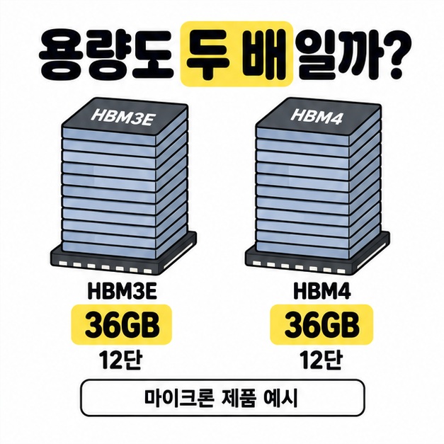 HBM3E와 HBM4 메모리 그림 아래 각각 36GB와 12단을 표시해 같은 용량의 마이크론 제품 예시를 보여주는 이미지