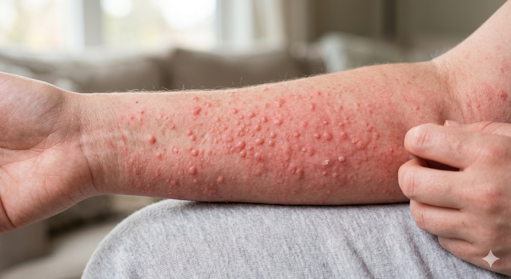 피부 위로 작고 붉게 올라온 팽진(두드러기)